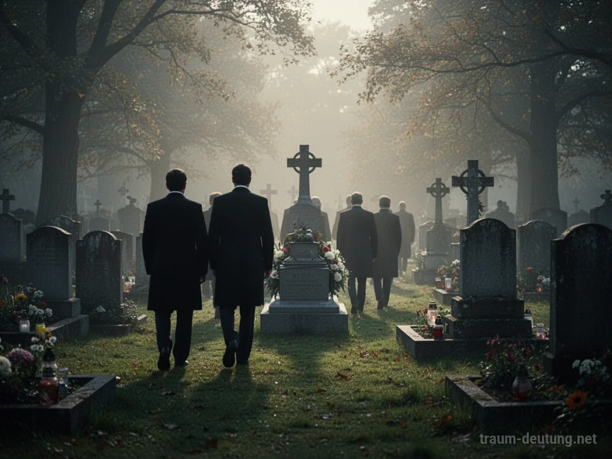 Menschen in Silhouetten bei einer Beerdigung auf einem Friedhof