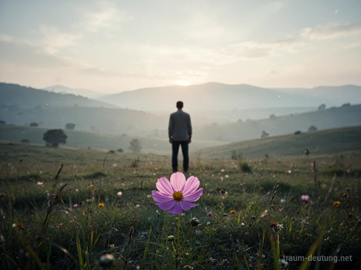 Eine einzelne Figur blickt auf eine blühende Landschaft, symbolisiert Abschied und Neubeginn.