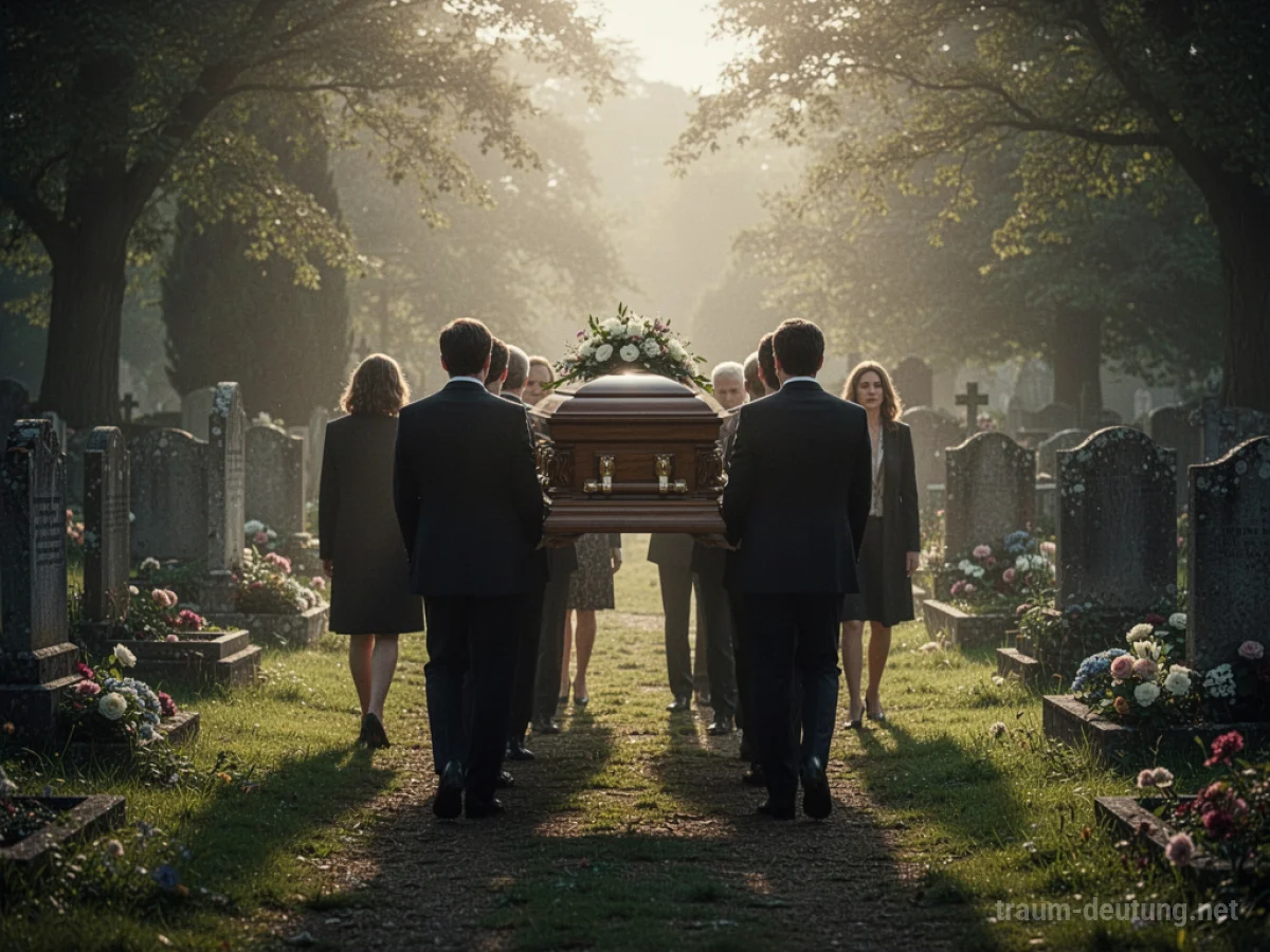Trauerzug mit Sarg im Friedhof bei Sonnenschein, Menschen in stiller Reflexion.