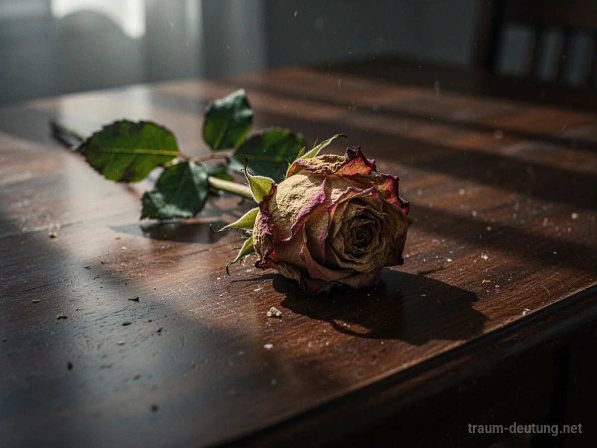 Verwelkte Rose auf dunklem Holz als Symbol für die Beerdigung des Ex-Partners im Traum.