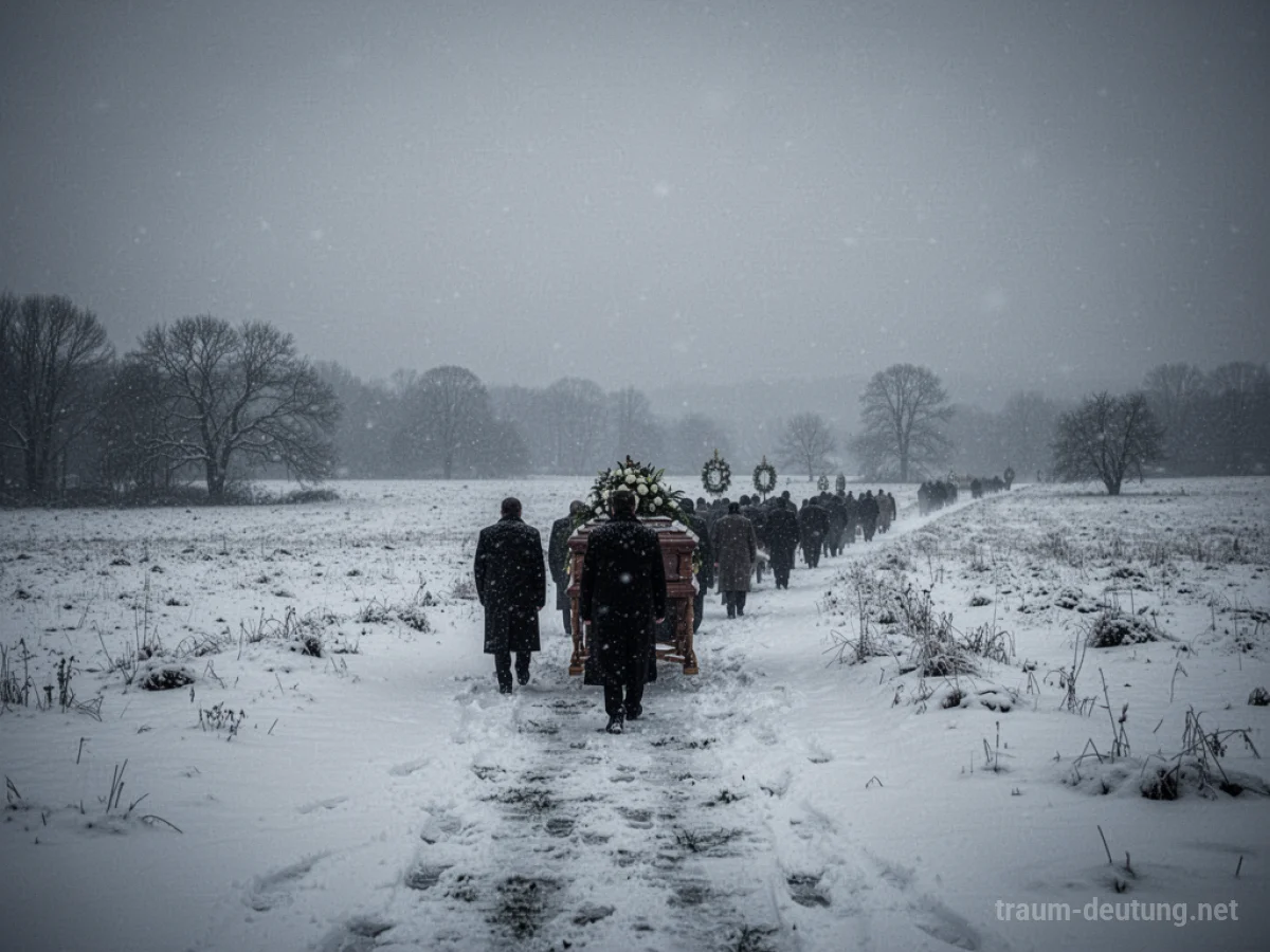 Eine Beerdigung im tiefen Schnee, Menschen gehen hintereinander.