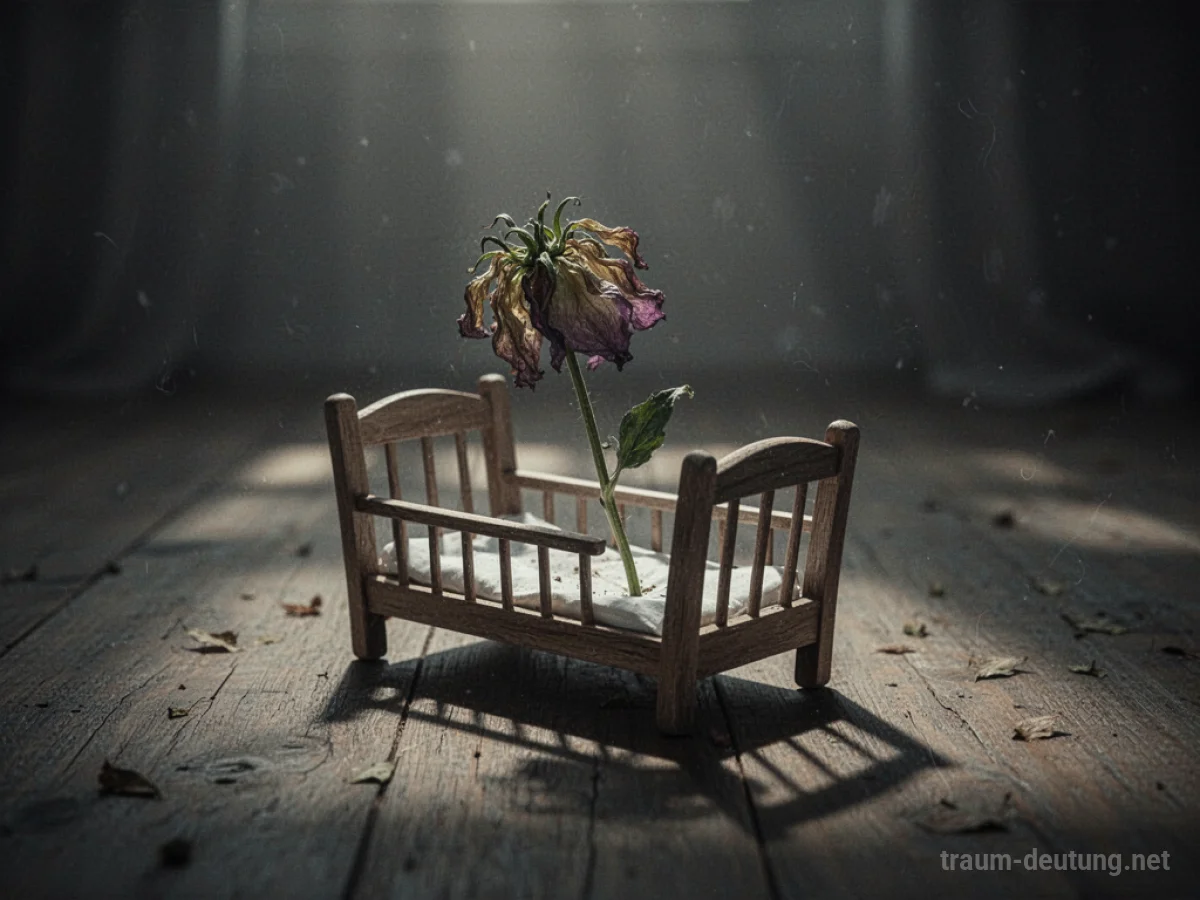 Eine einzelne welkende Blume in einer leeren Wiege im Schatten