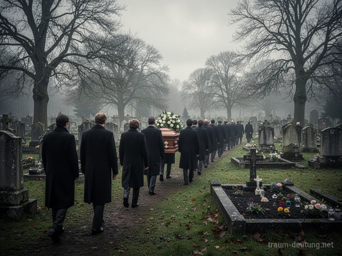 Eine Beerdigung mit Erdbestattung auf einem Friedhof unter bewölktem Himmel.