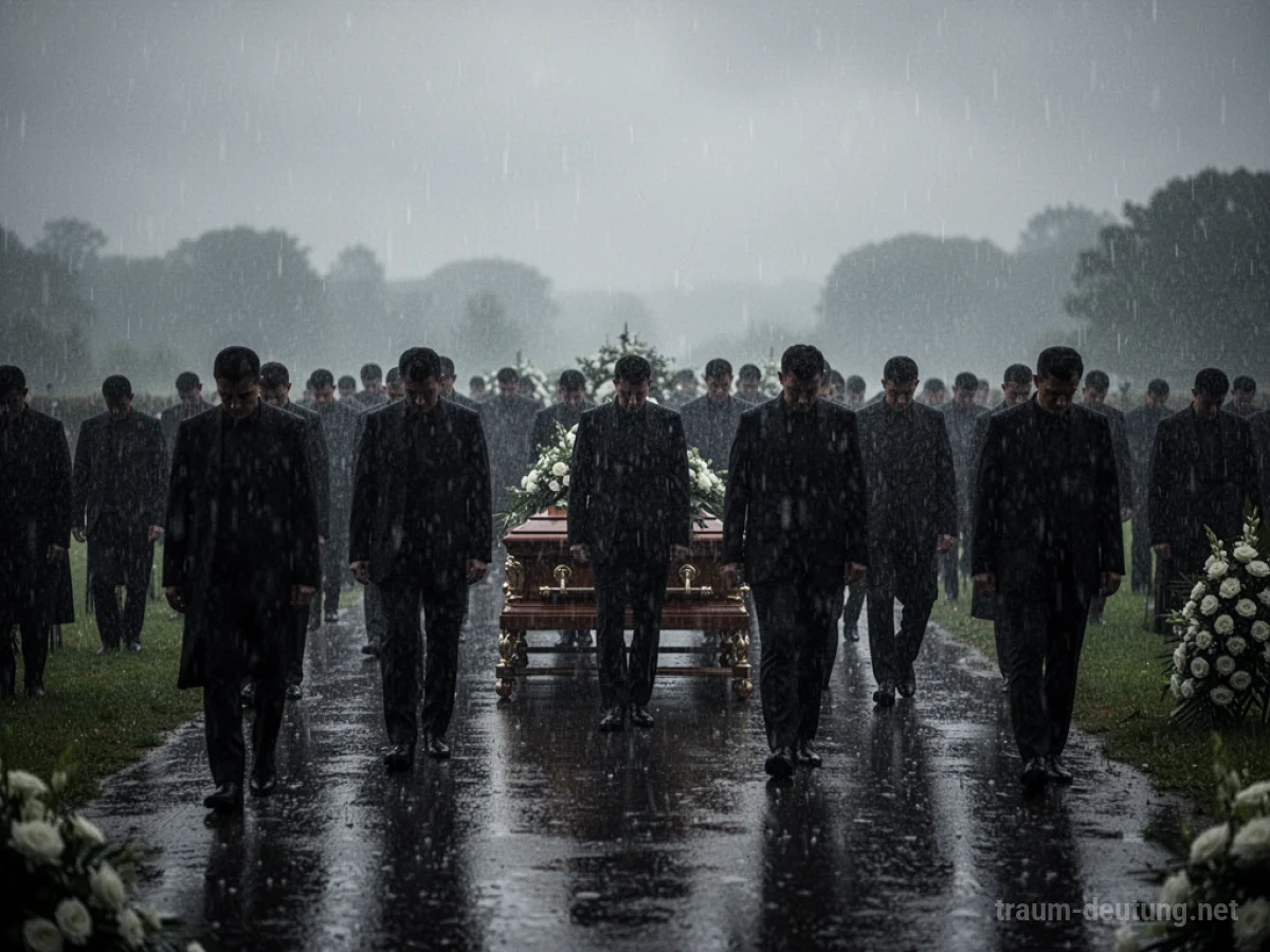 Viele Menschen in einer Reihe bei einer Beerdigung im Regen