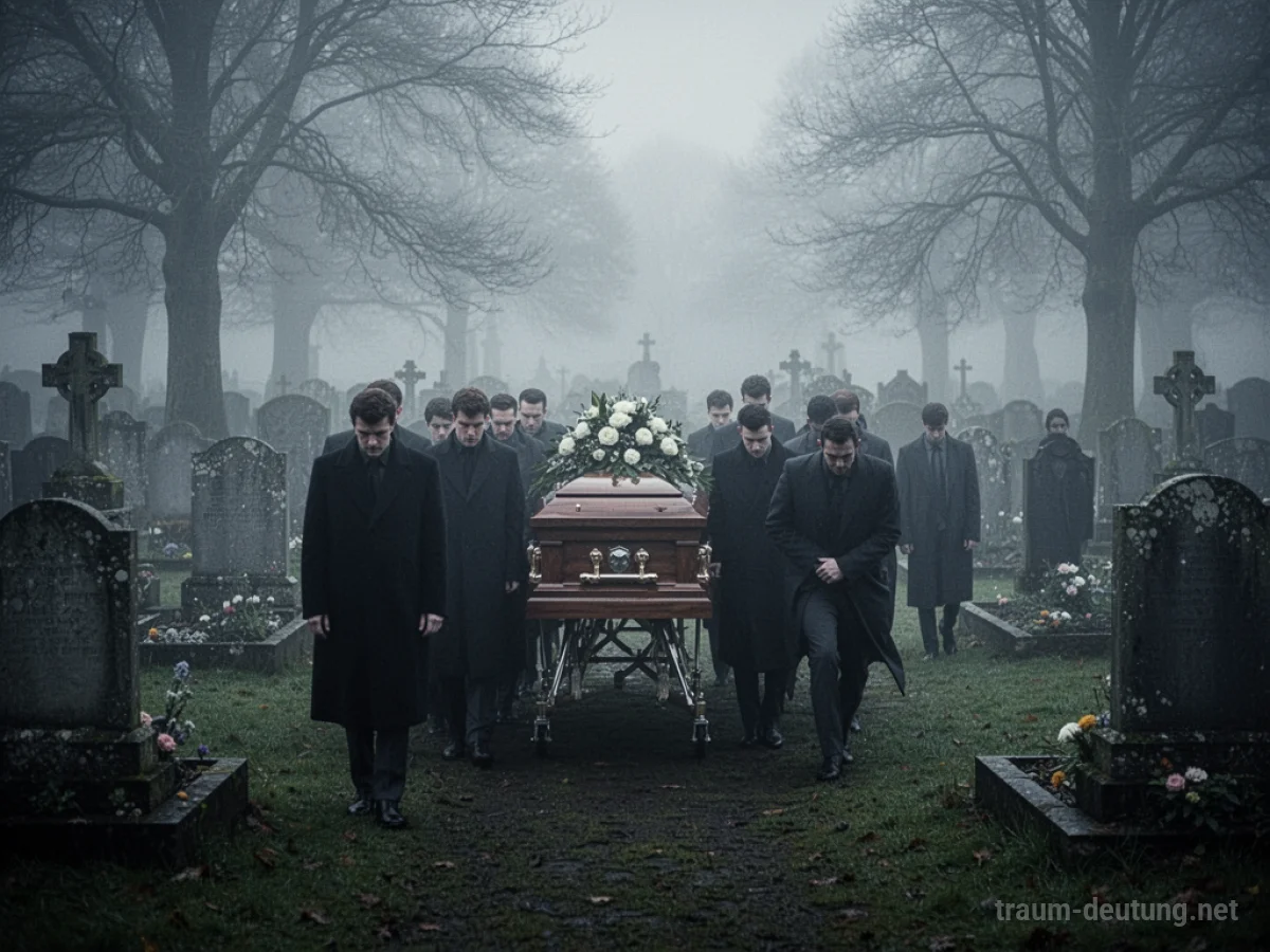 Eine Person stört eine Beerdigung im nebligen Friedhof.