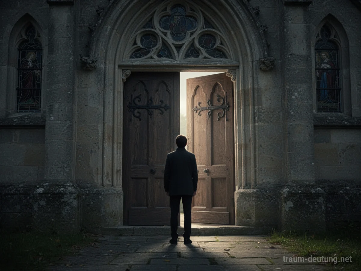 Silhouette einer Person vor geschlossener Kirchentür bei einer verpassten Beerdigung.