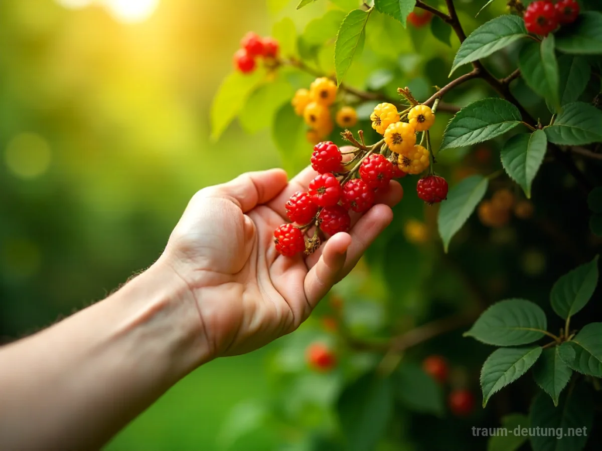 Hand nähert sich einem Beerenstrauch voller reifer Beeren.