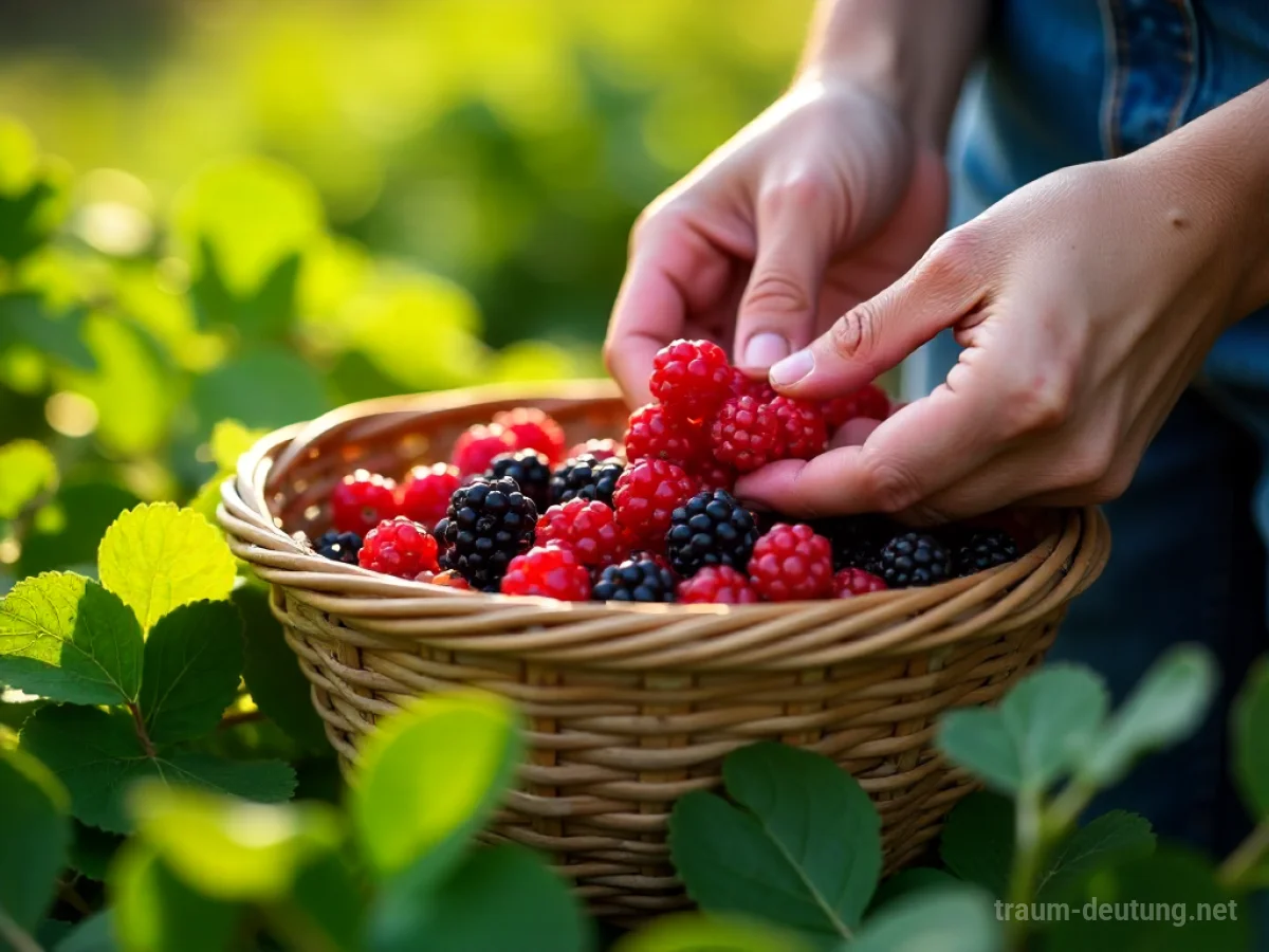 Hände sammeln Beeren in einem Korb im Wald.