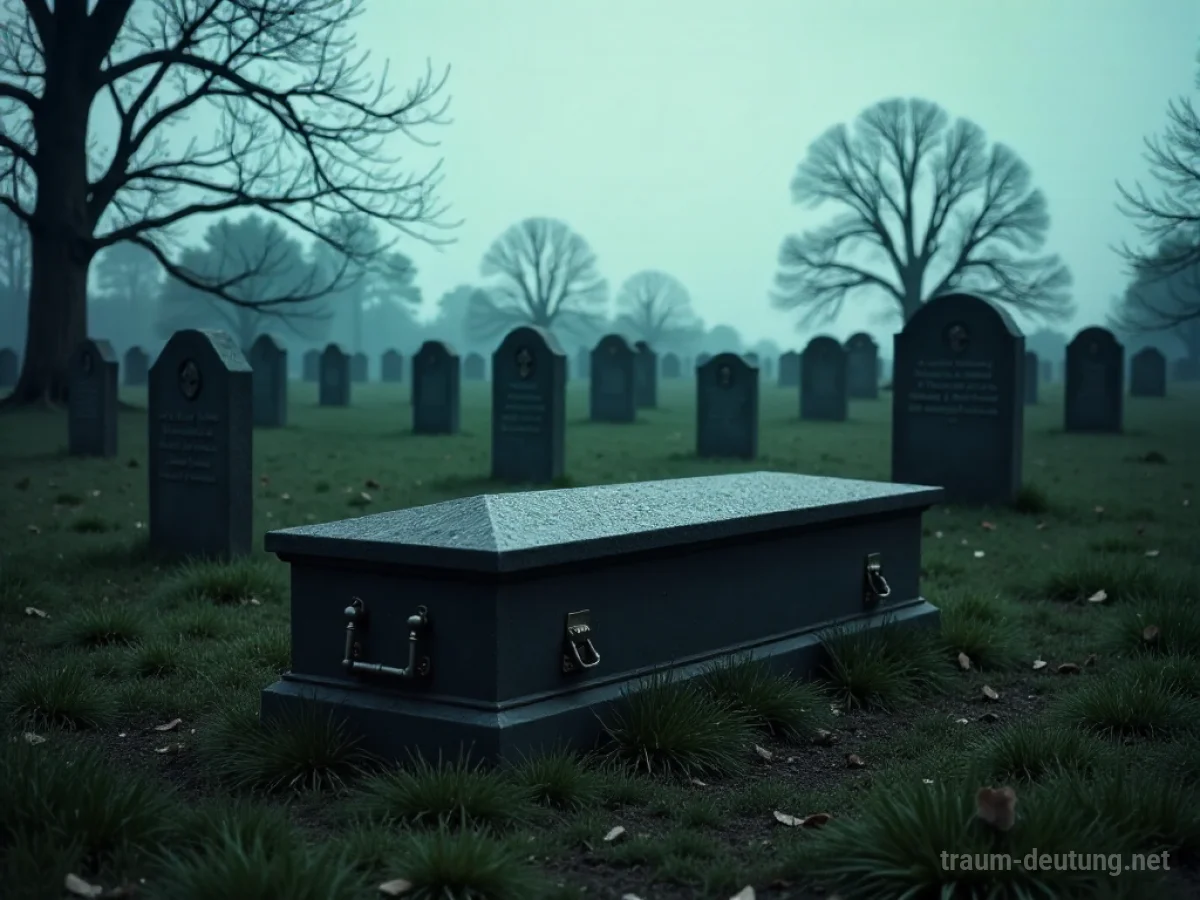 Ein leeres Grab mit einem Sarg auf einem Friedhof unter bewölktem Himmel.
