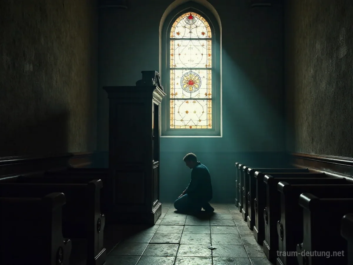 Silhouette einer Person vor einer Beichtkabine in einer Kirche