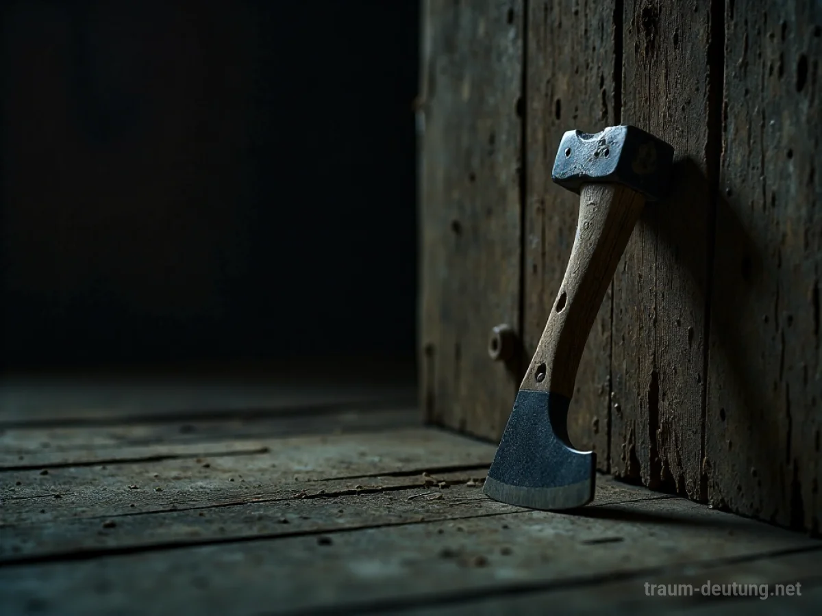Ein einzelnes Beil liegt an einer Holzwand in einem dunklen Raum.