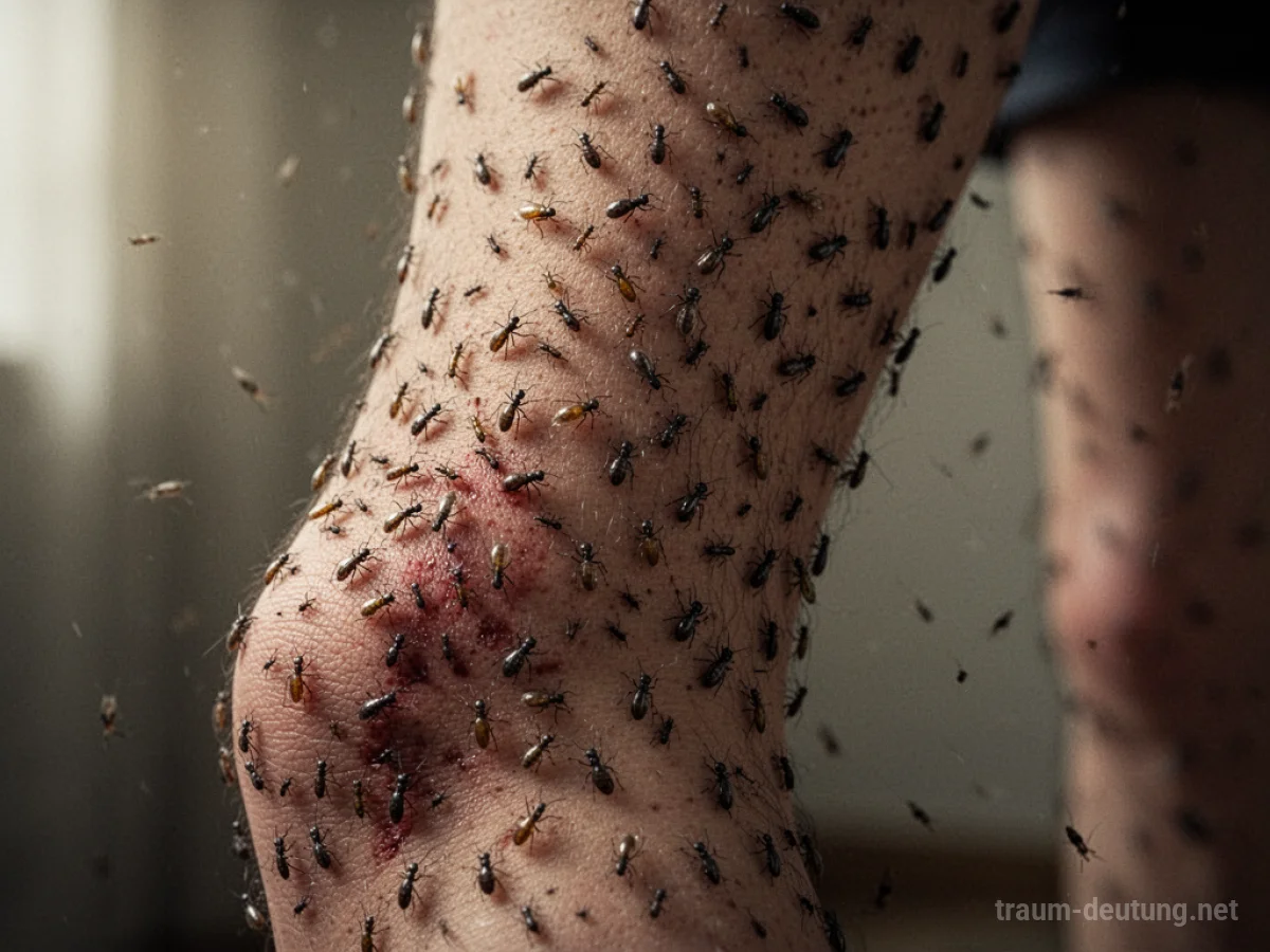 Bein, bedeckt mit zahlreichen kleinen Insekten, die sich bewegen.
