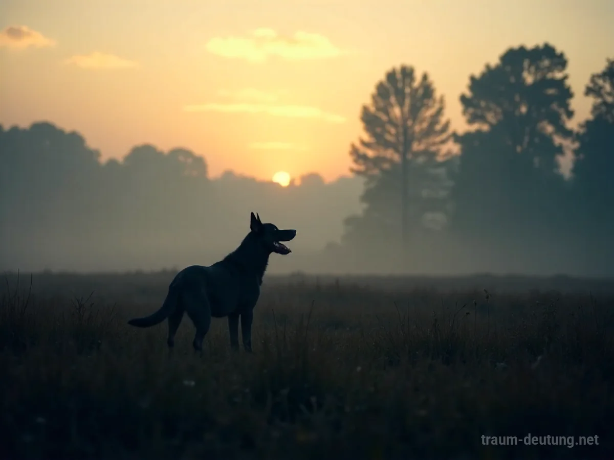 Hund bellt in der Ferne auf einem nebligen Feld bei Dämmerung