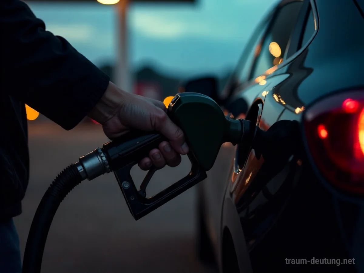 Hand füllt Benzin in einen Tank an einer Tankstelle bei Dämmerung