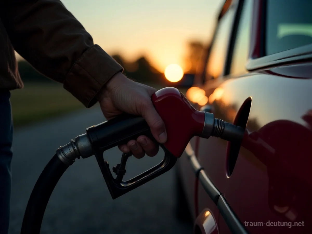 Hand füllt Benzin in ein Auto an einer Tankstelle im Abendlicht.