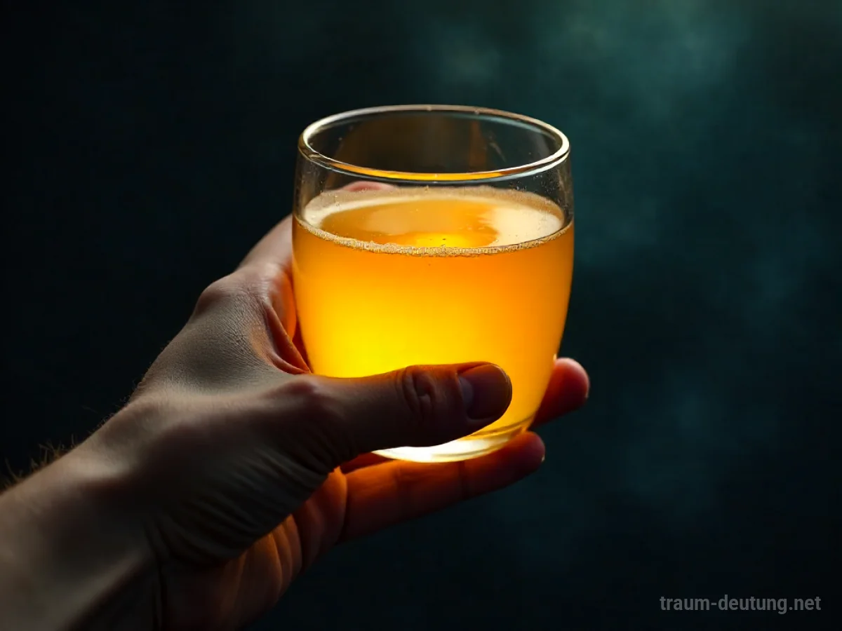 Hand hält Glas mit gelbem Benzin-ähnlichem Inhalt
