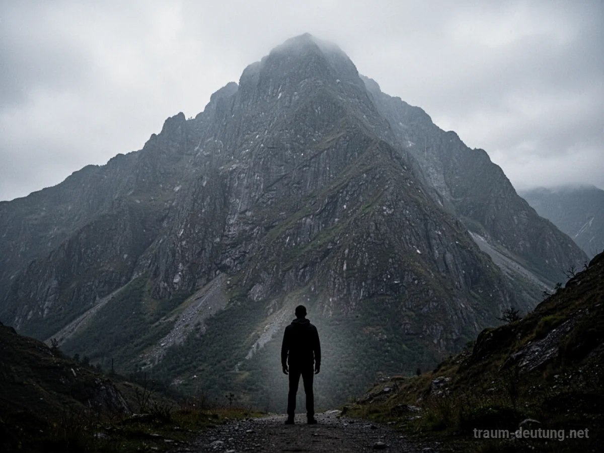 Ein Mensch steht vor einem riesigen Berg, der den Weg versperrt.