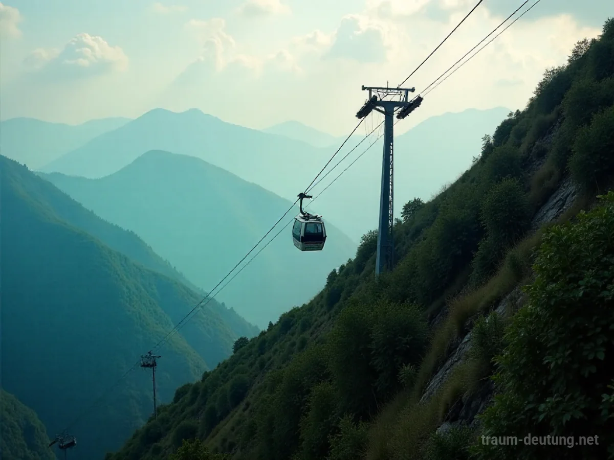 Eine Bergbahn fährt einen Berg hinunter im Nebel.