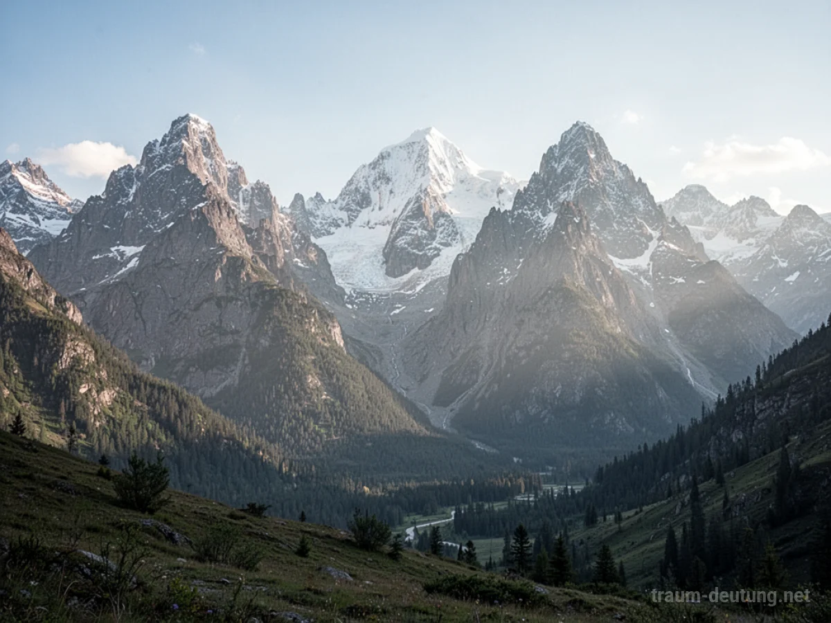 Weite Berglandschaft mit hohen Gipfeln unter klarem Himmel