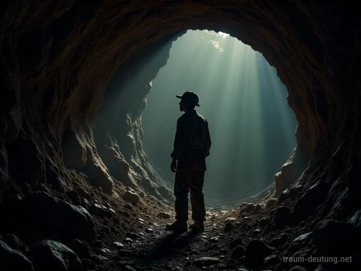 Ein Bergmann singt in einer Höhle, umgeben von schwachem Licht.