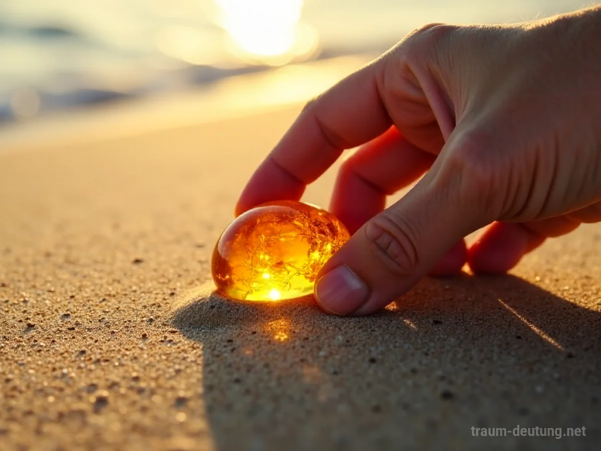 Hand hebt Bernstein aus Sand am Strand