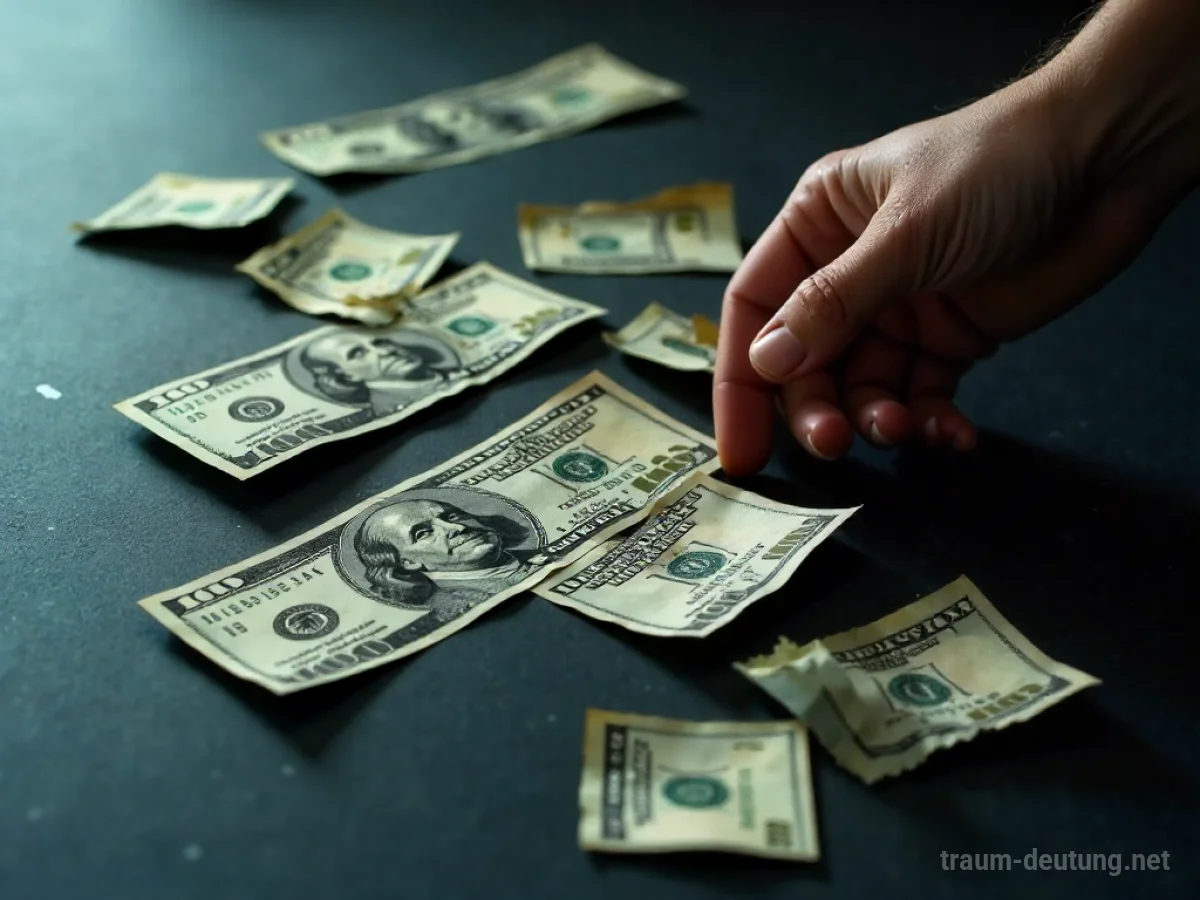 Beschädigtes Bargeld liegt auf dunklem Untergrund, eine Hand nähert sich vorsichtig.