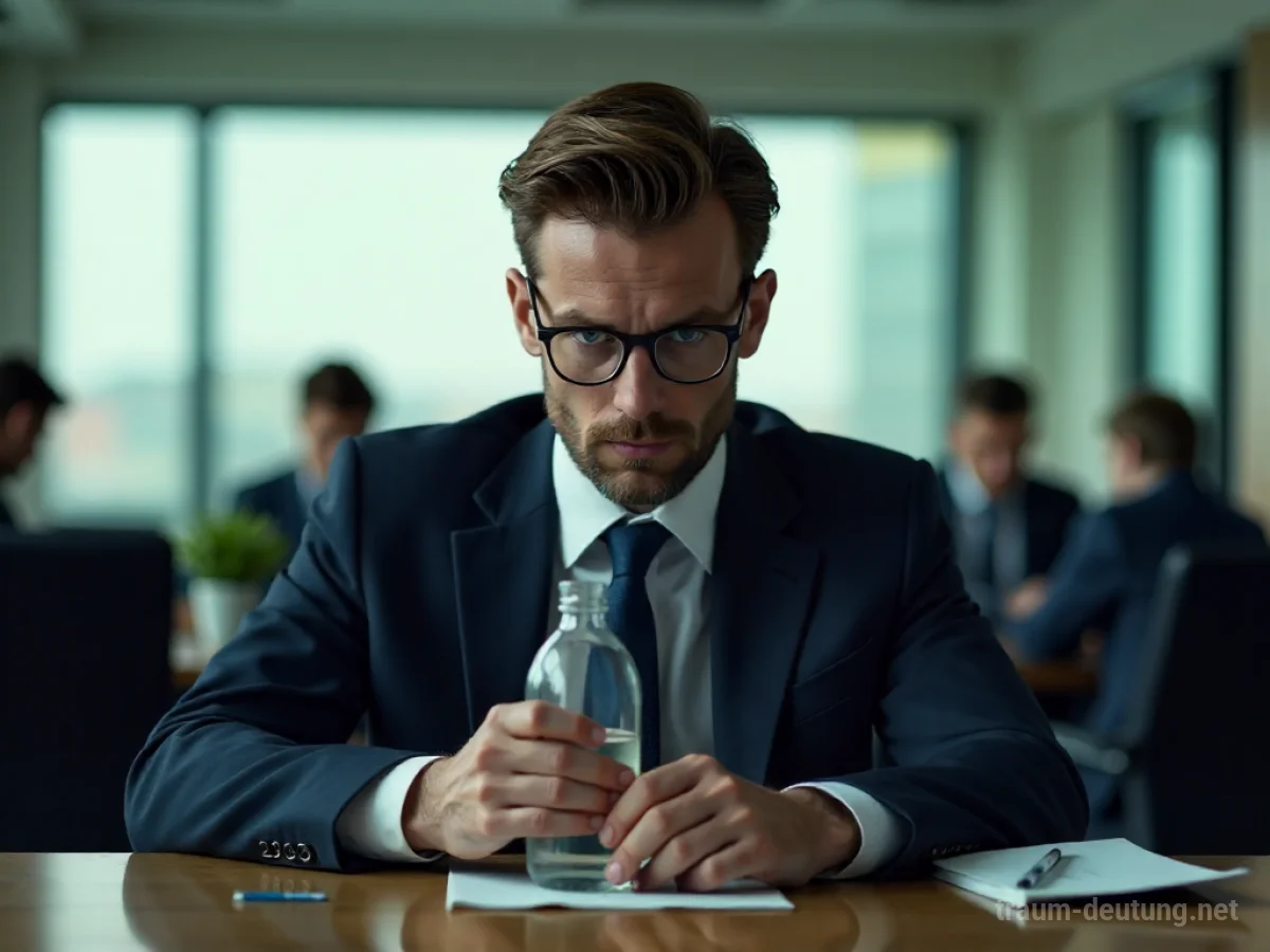 Eine Person im Anzug sitzt desorientiert am Schreibtisch im Büro.