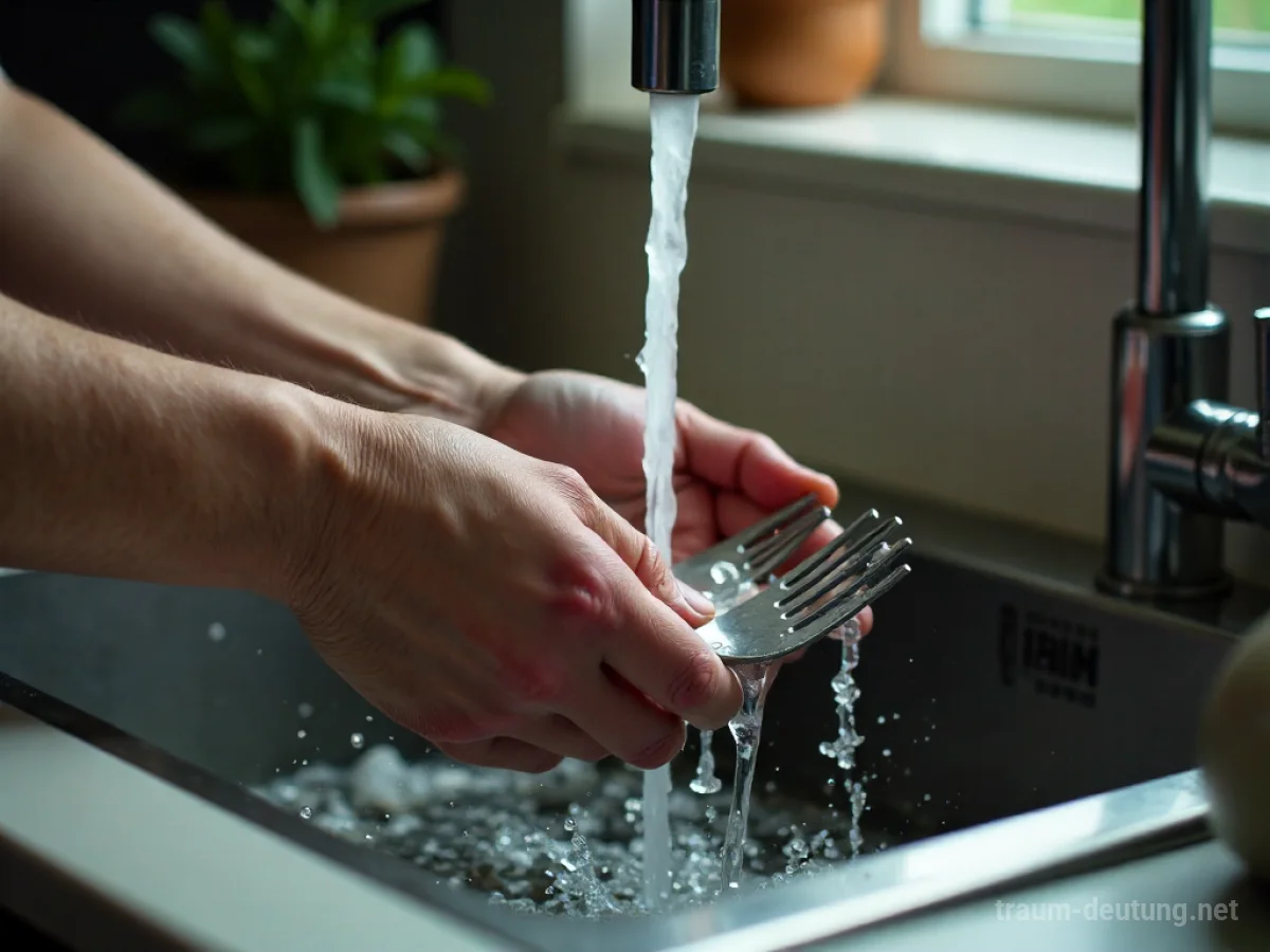 Hände spülen Besteck unter fließendem Wasser in einer Spüle