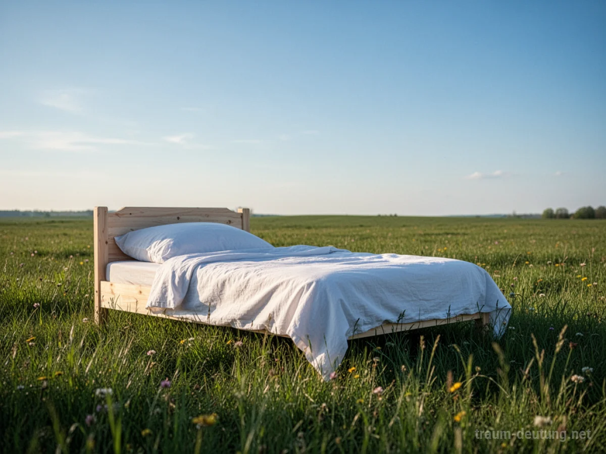 Ein Bett steht allein auf einer grünen Wiese unter blauem Himmel.