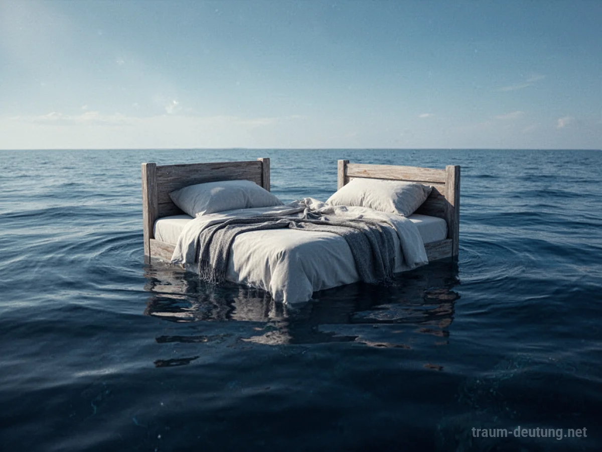 Ein Bett schwimmt ruhig auf tiefblauem Wasser.