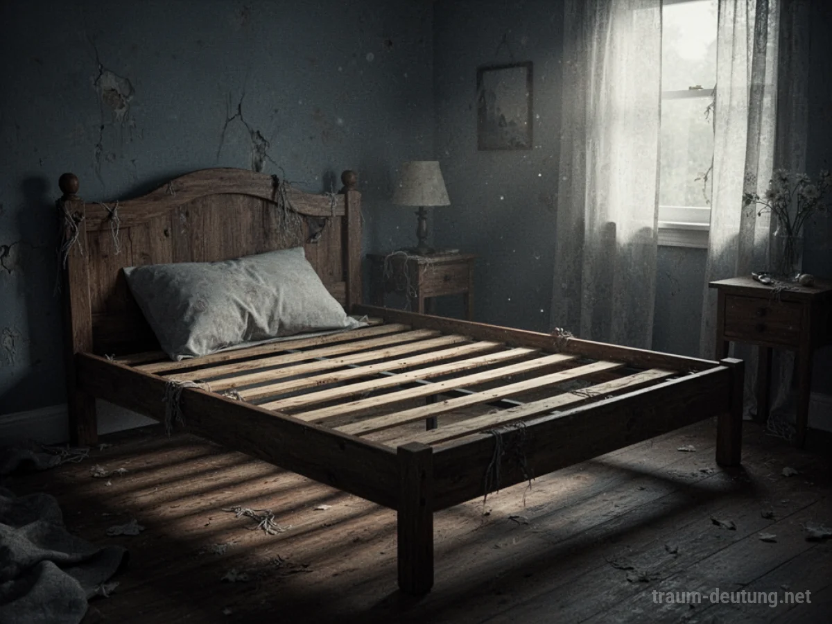 Ein leeres Bett ohne Decke in einem schwach beleuchteten Raum.
