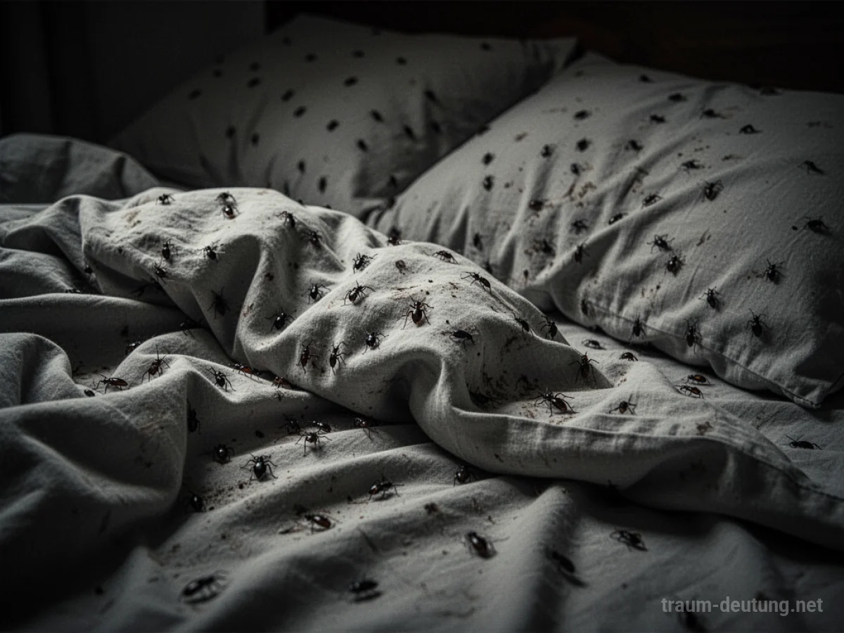 Ein ungemachtes Bett mit vielen kleinen Insekten auf der Decke und den Kissen.
