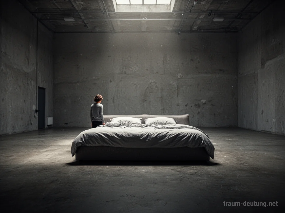 Ein überdimensioniertes Bett in einem leeren, großen Raum