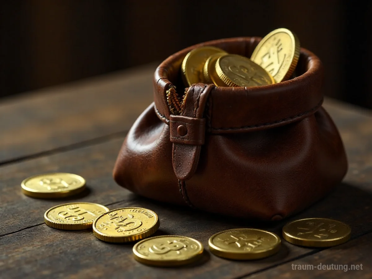 Ein prall gefüllter Beutel mit Geld auf einem Holztisch