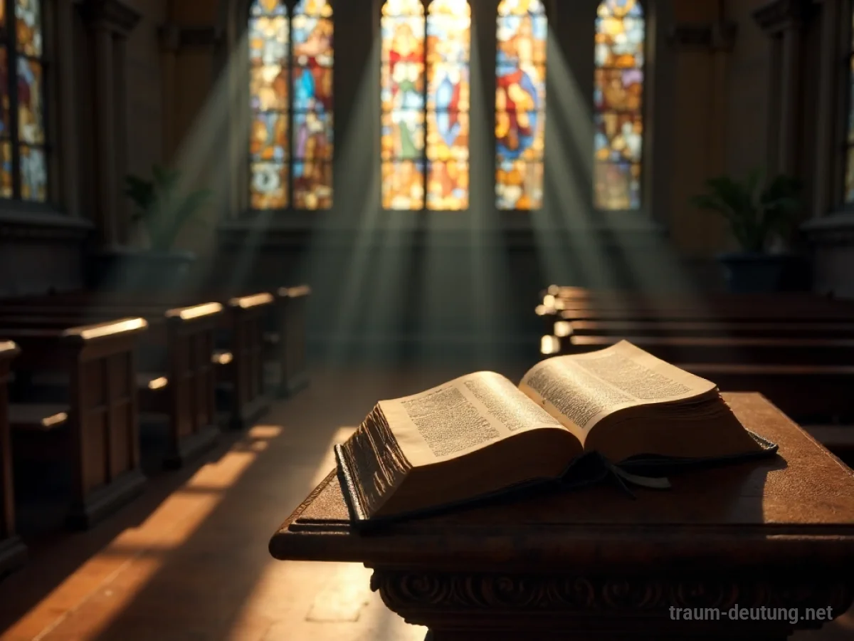 Bibel auf dem Altar in einer Kirche, beleuchtet von Sonnenlicht durch Buntglasfenster.