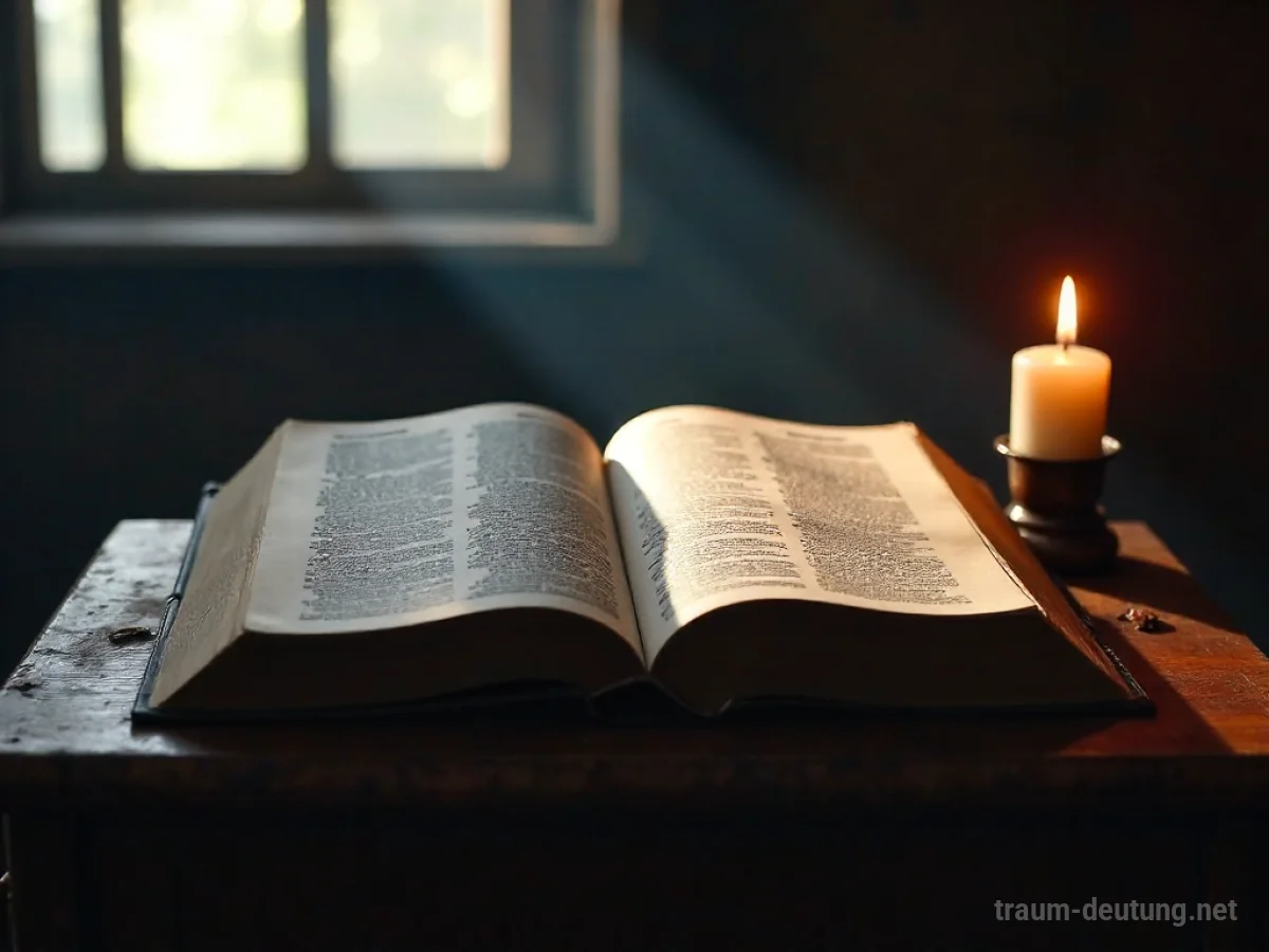 Geöffnete Bibel auf einem Lesepult, beleuchtet von Kerzenlicht.