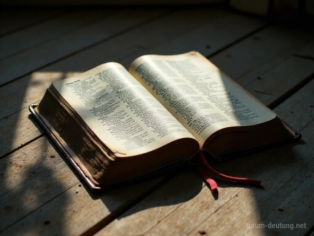 Eine vergilbte Bibel liegt auf einem Holzboden, teilweise im Schatten.