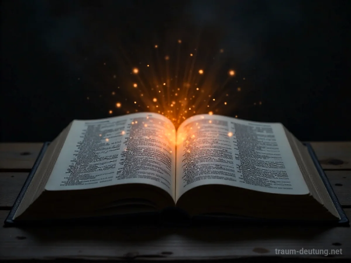 Offene Bibel mit leuchtenden Versen im dämmrigen Licht