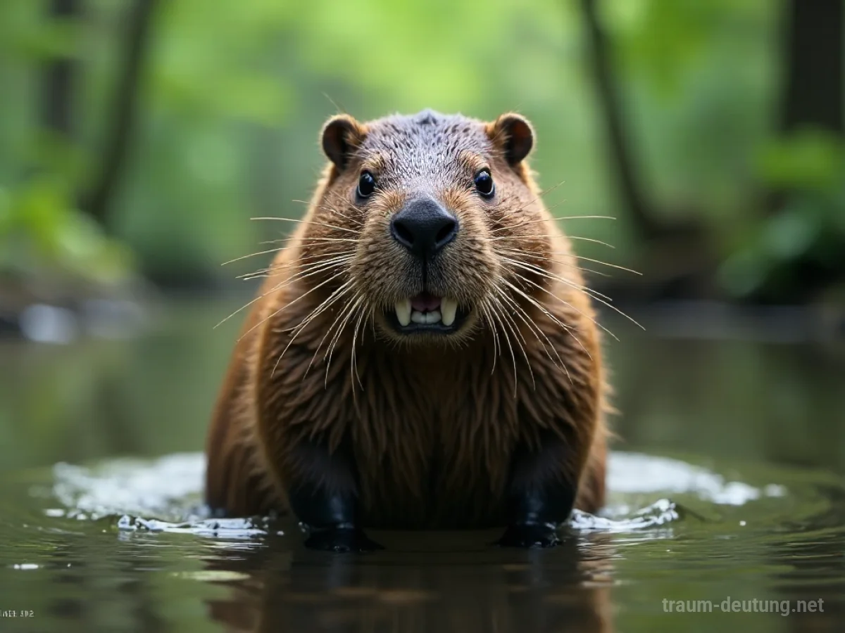 Biber mit aufgerissenem Maul steht im Wasser und blickt bedrohlich.
