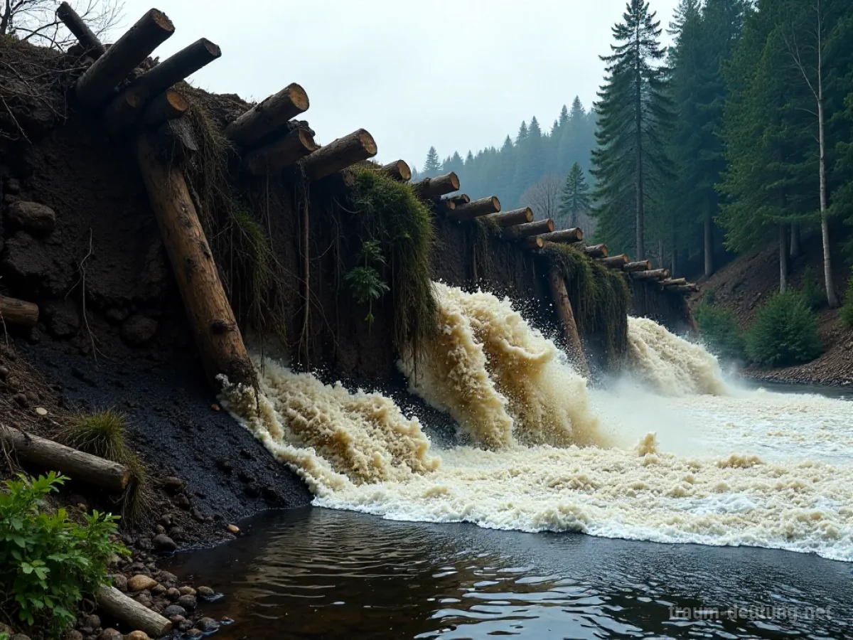 Ein Biberdamm bricht unter dem Druck des Wassers zusammen, umgeben von Wald.