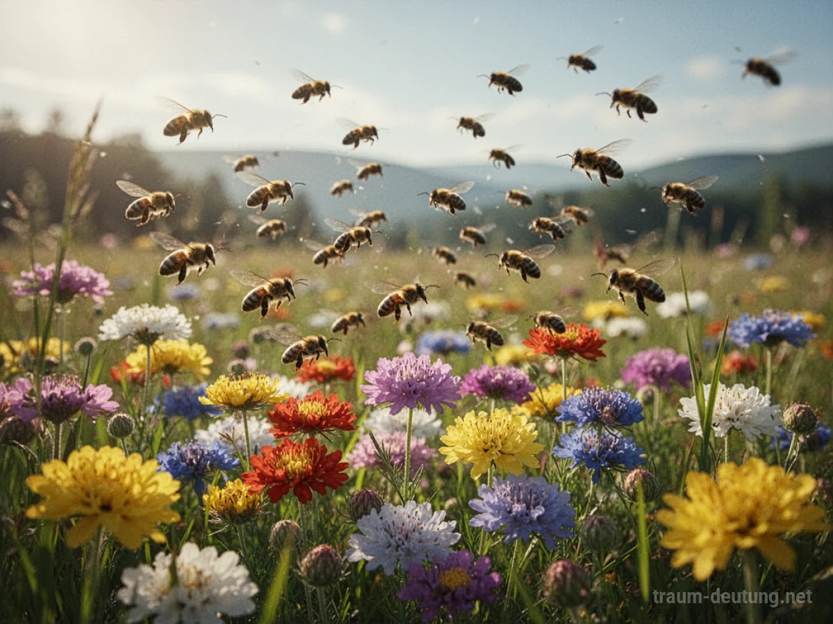 Bienen summen geschäftig über bunten Blumen auf einer sonnigen Wiese.