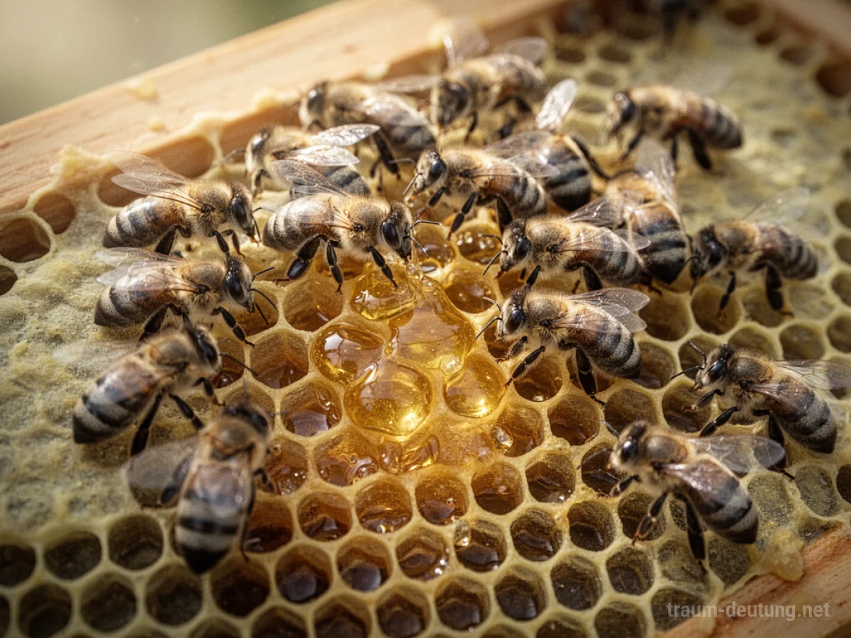 Bienen bauen eine detaillierte Wabe in einem Bienenstock.
