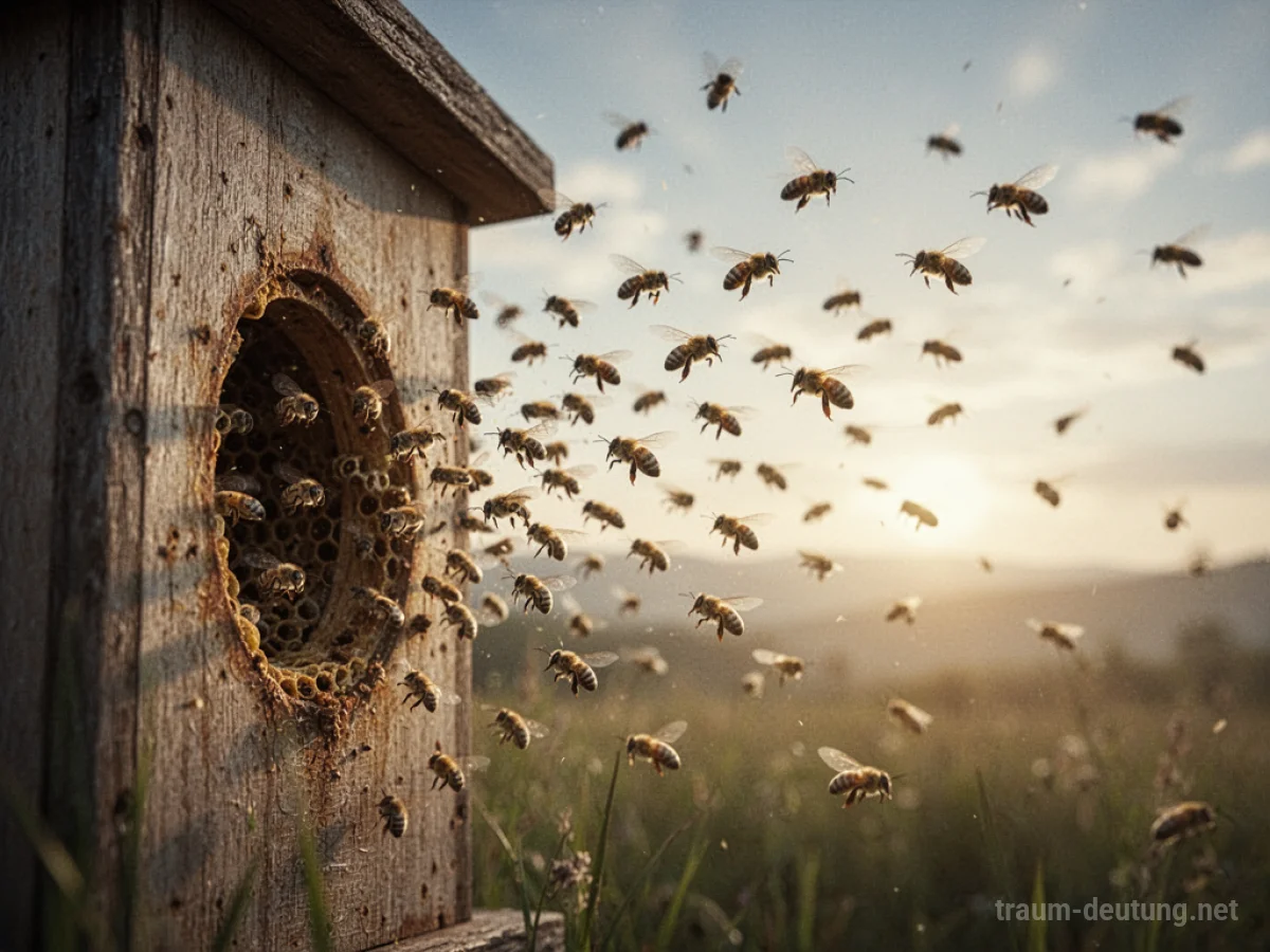 Ein Bienenschwarm fliegt von seinem Stock weg in den Himmel.