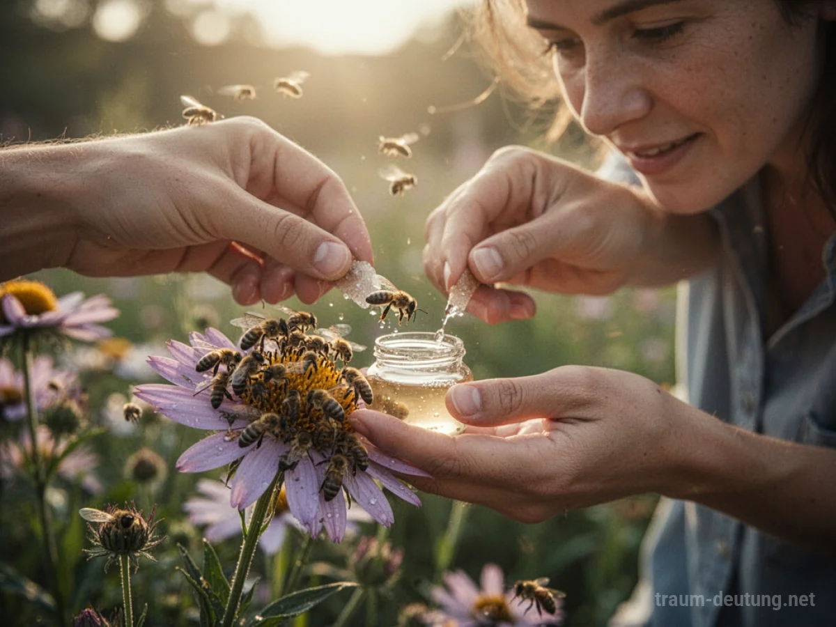 Hände füttern Bienen mit einer Flüssigkeit auf einer Blüte
