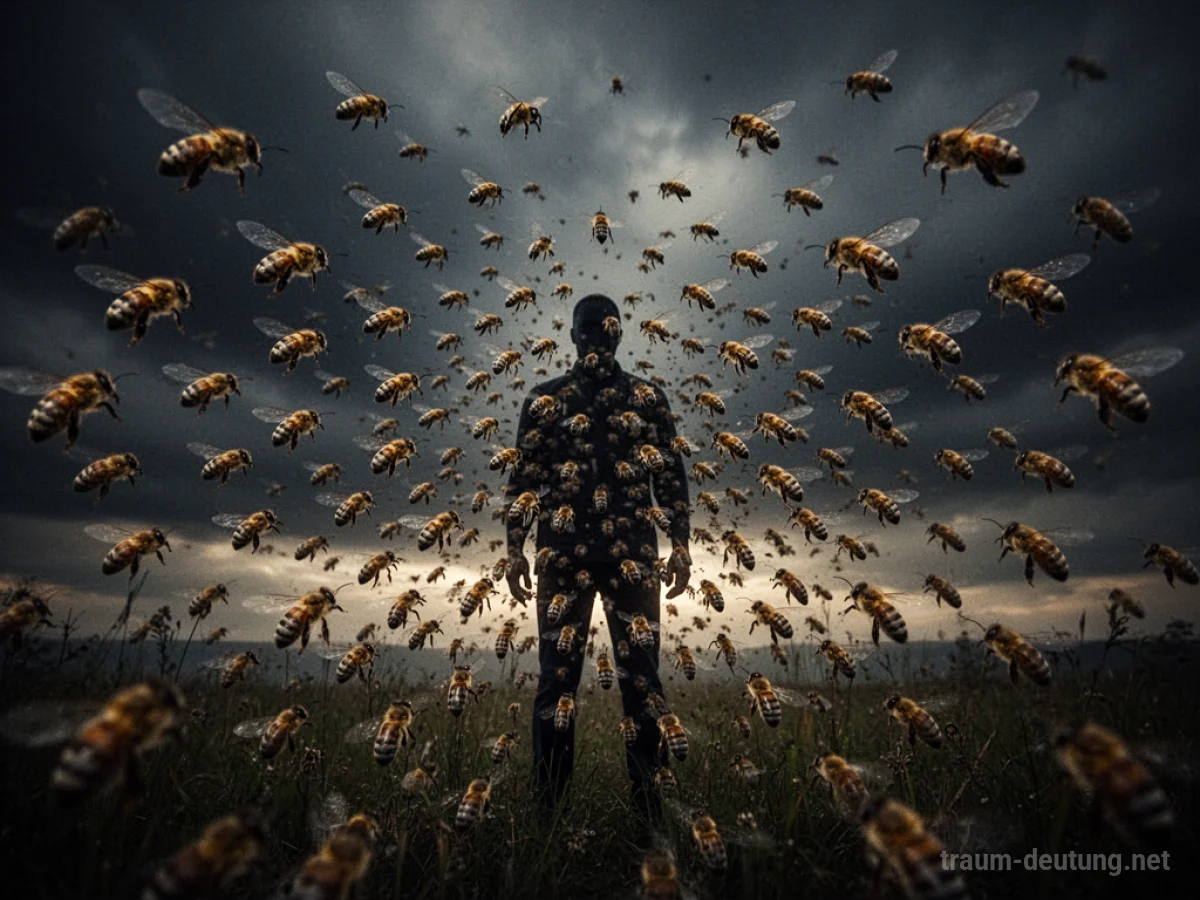 Schattenfigur umgeben von einem Schwarm Bienen vor dunklem Himmel