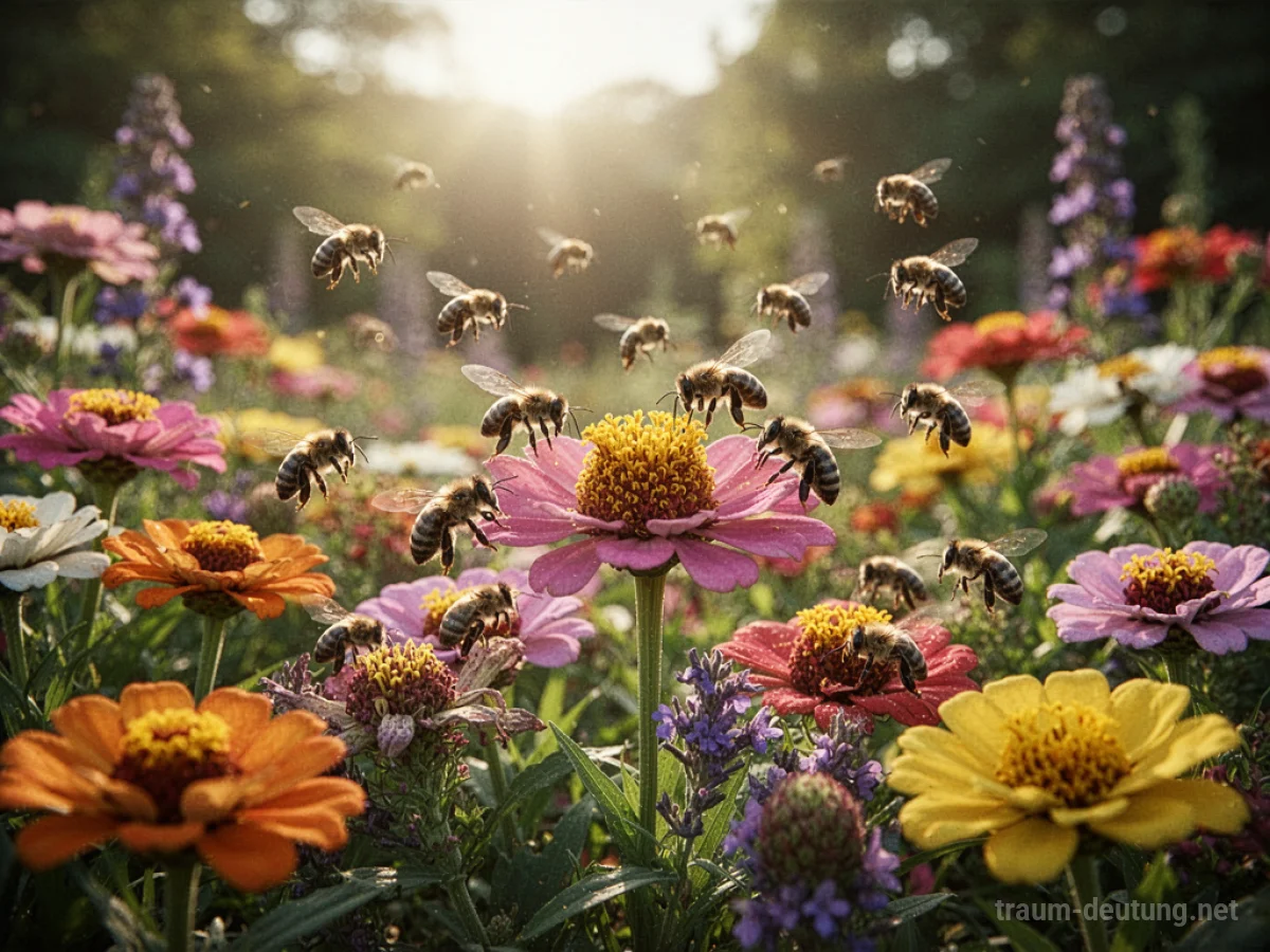 Bienen summen und sammeln Nektar in einem sonnigen Garten voller blühender Blumen.