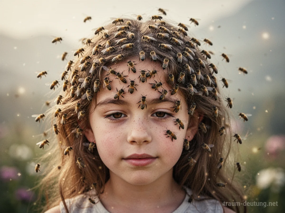 Schwarm von Bienen sitzt friedlich im Haar einer Person.