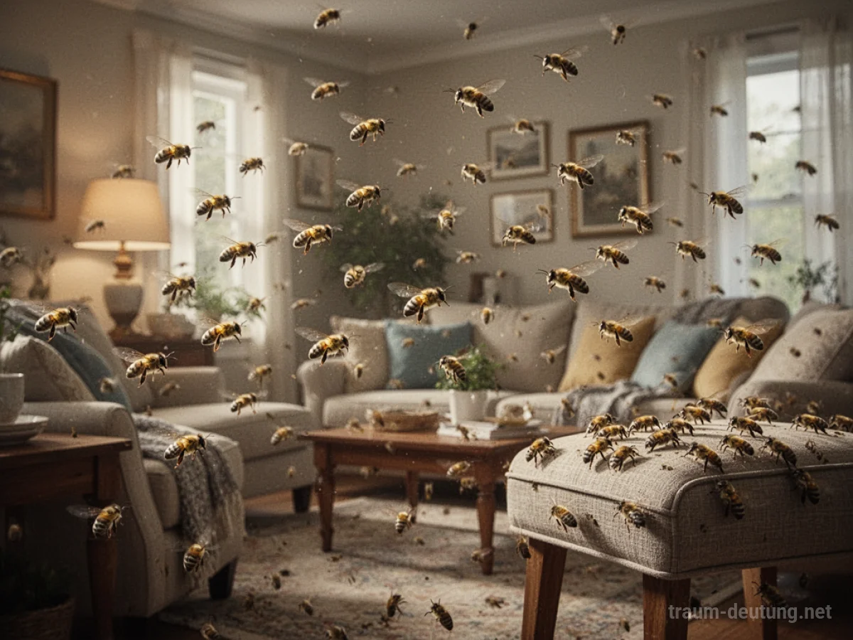 Bienen fliegen in einem Wohnzimmer, einige sitzen auf Möbeln.