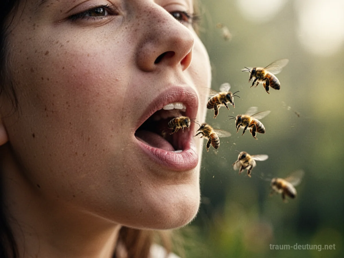 Eine Person öffnet den Mund, aus dem sanft Bienen fliegen.