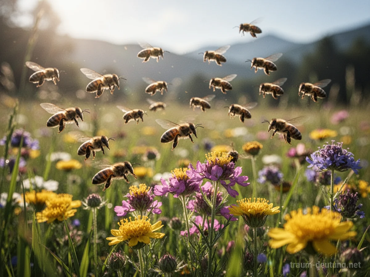 Flug einer Gruppe von Bienen ohne Stacheln über bunte Blumenwiese.